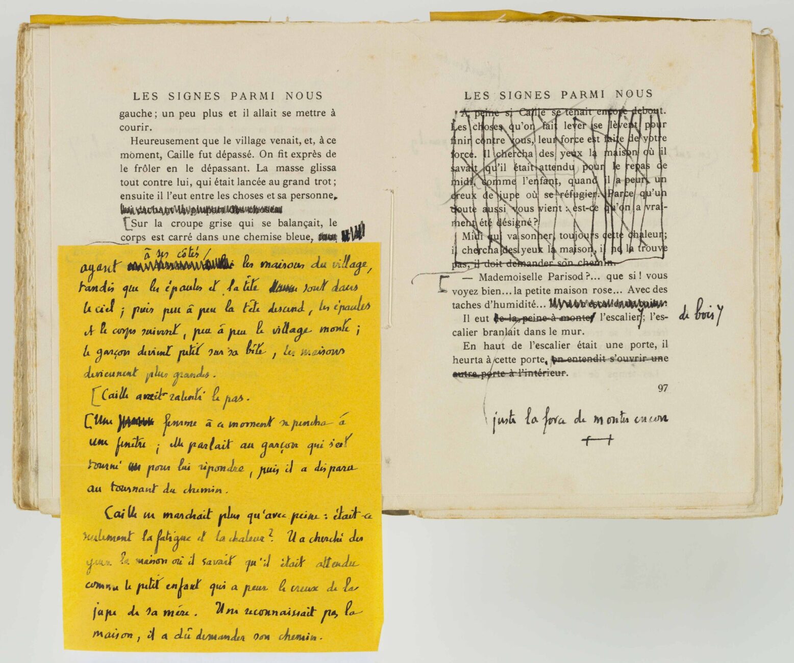 Edition of Les Signes parmi nous revised by Ramuz. The double page is crossed out by hand. Yellow paper is pasted on the left-hand page, with a handwritten addition to the text.