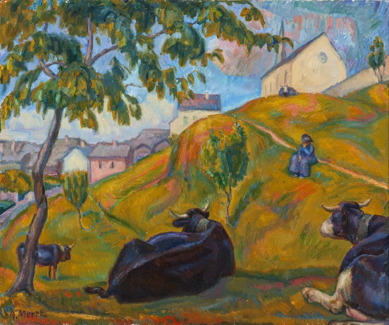 In the painting, cows are lying in a hilly meadow dotted with trees. In the background, a person is sitting on the grass. In the background, we see a village and a church under a blue sky.