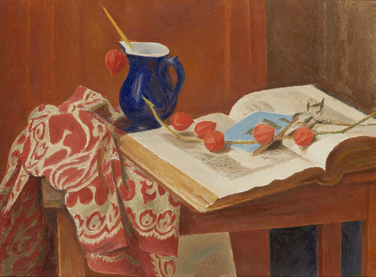 The painting is a rust-toned still life, featuring an open book, a piece of cloth and a dark-blue jug on a table. Chinese lantern is placed on the book and in the jug.