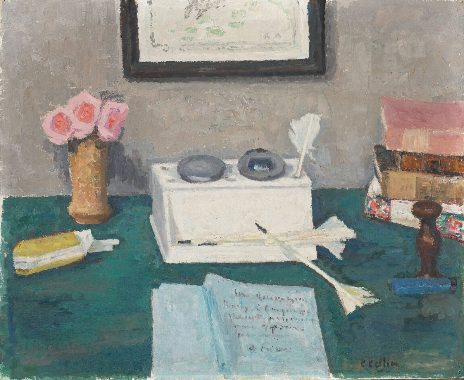 Peinture de Cécile Cellier. On y voit le bureau de Ramuz, de bois vert. Dessus, un encrier, des plumes, un manuscrit, des livres, un paquet de cigarettes.