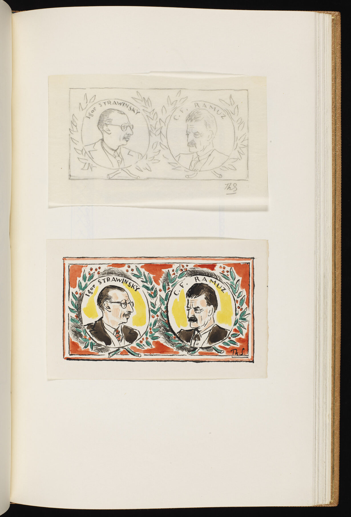 Page de livre sur laquelle sont collées deux variantes d'un même dessin, l'une au crayon, l'autre colorée à l'aquarelle. Le dessin est un double portrait en médaillons, représentant Igor Stravinsky et Ramuz.