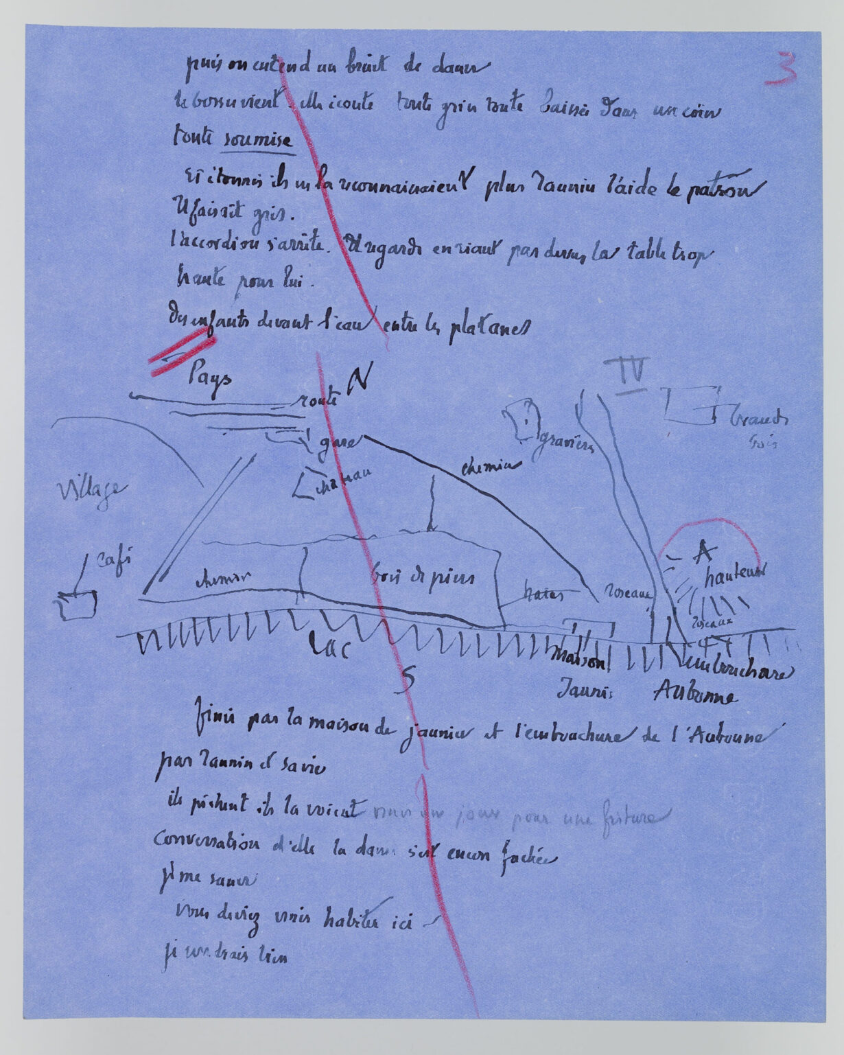 Sur un papier bleu, Ramuz a écrit des notes préparatoires, entrecoupées d'un plan représentant le lieu de l'action. Le tout est barré de traits rouges.
