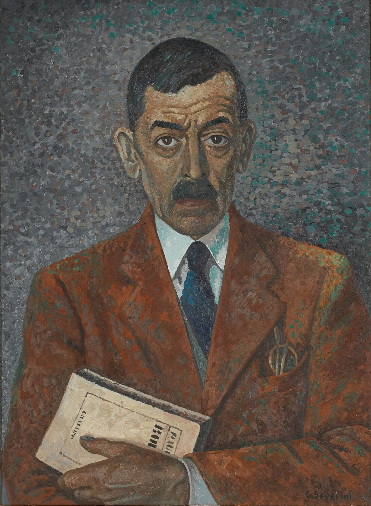 La peinture représente Ramuz, vu en buste, portant un costume couleur rouille. Il a un livre à la main et regarde le spectateur.