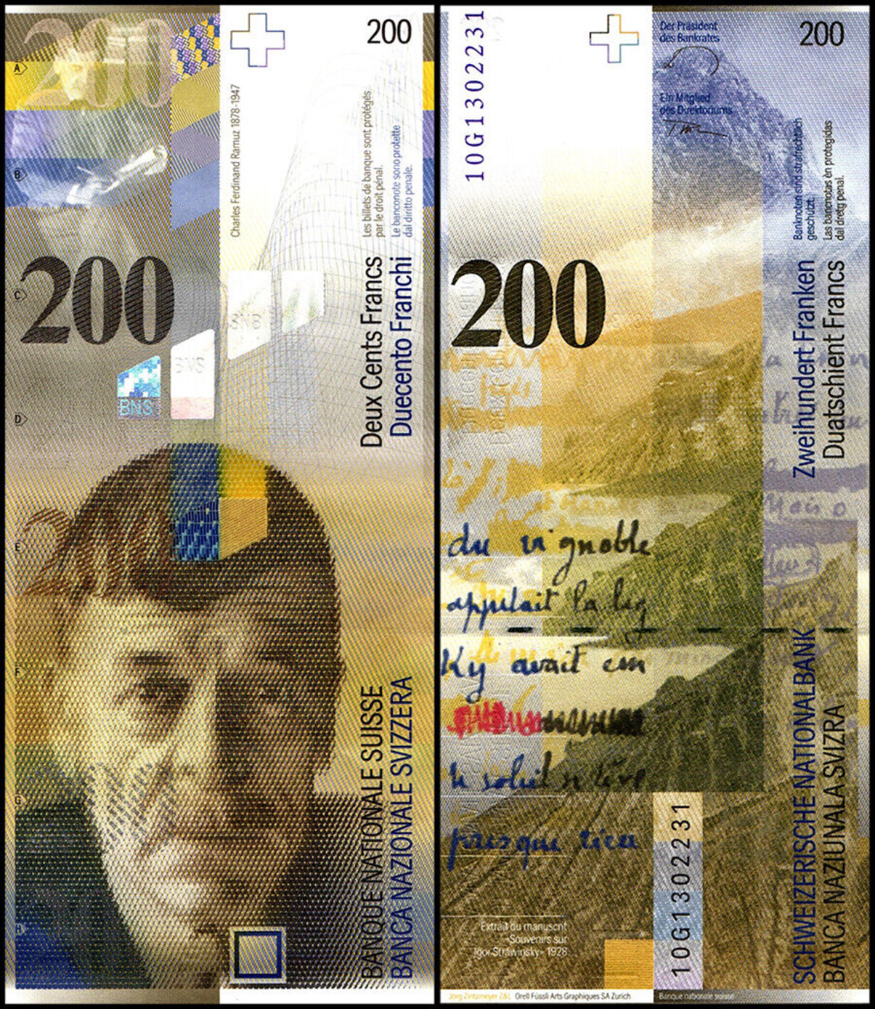 Billet de 200 francs suisses recto verso figurant le portrait de Ramuz et Lavaux.