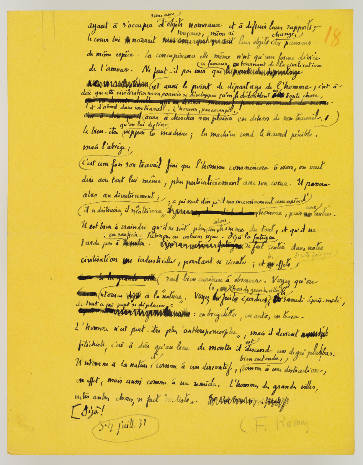 Sur cette page jaune, Ramuz a rédigé un texte à l'encre noire, parsemé de ratures et de corrections. Le manuscrit est signé et daté.